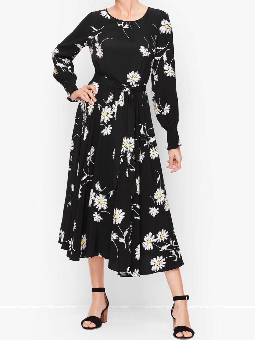NEW Talbots “Vintage Daisy” Long Sleeve Tie Waist Floral Midi Dress Size 2P